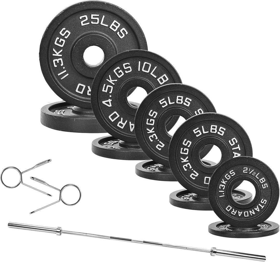 Fitvids Olympic Cast Iron 2-Inch Weight Plates Including 5FT Olympic Barbell Bar & Safely Locks, 110 Pounds Set (95 Lbs Plates + 15 Lbs Barbell Bar), Multiple Packages