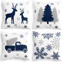 7 x CaliTime Christmas Throw Pillow Covers Decorative 18 X 18 Inches Set of 4 Cozy Fleece Trees Deers Car Snowflakes Cushion Cases for Couch Sofa Bed Living Room Farmhouse Navy Blue