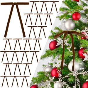 24 Pcs Browm Velvet Christmas Tree Bows Vintage Velvet Ribbon Bows for Christmas Door Garland Vintage Wreath Decor(3/8'' Wide, 5 x 7 inch)