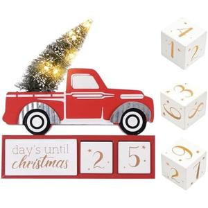Christmas Tree Truck Count Down LED Lighted 99 Days Advent Calendar with Timer Farmhouse Vintage Rustic Block Winter Holiday Decorations for Home Table House Kitchen