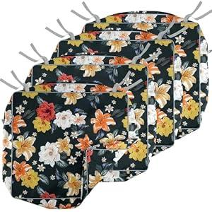 Porch Shield Outdoor Cushion Slipcovers Patio Chair Seat Cushion Covers Set 4 Waterproof Fade Resistant 21 x 21 x 4 inch, Floral Black
