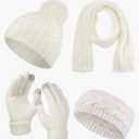 SATINIOR 4 Pcs White Cable Knit Winter Scarf Glove Hat Set Include Beanie Hat Gloves Scarf Headband Small