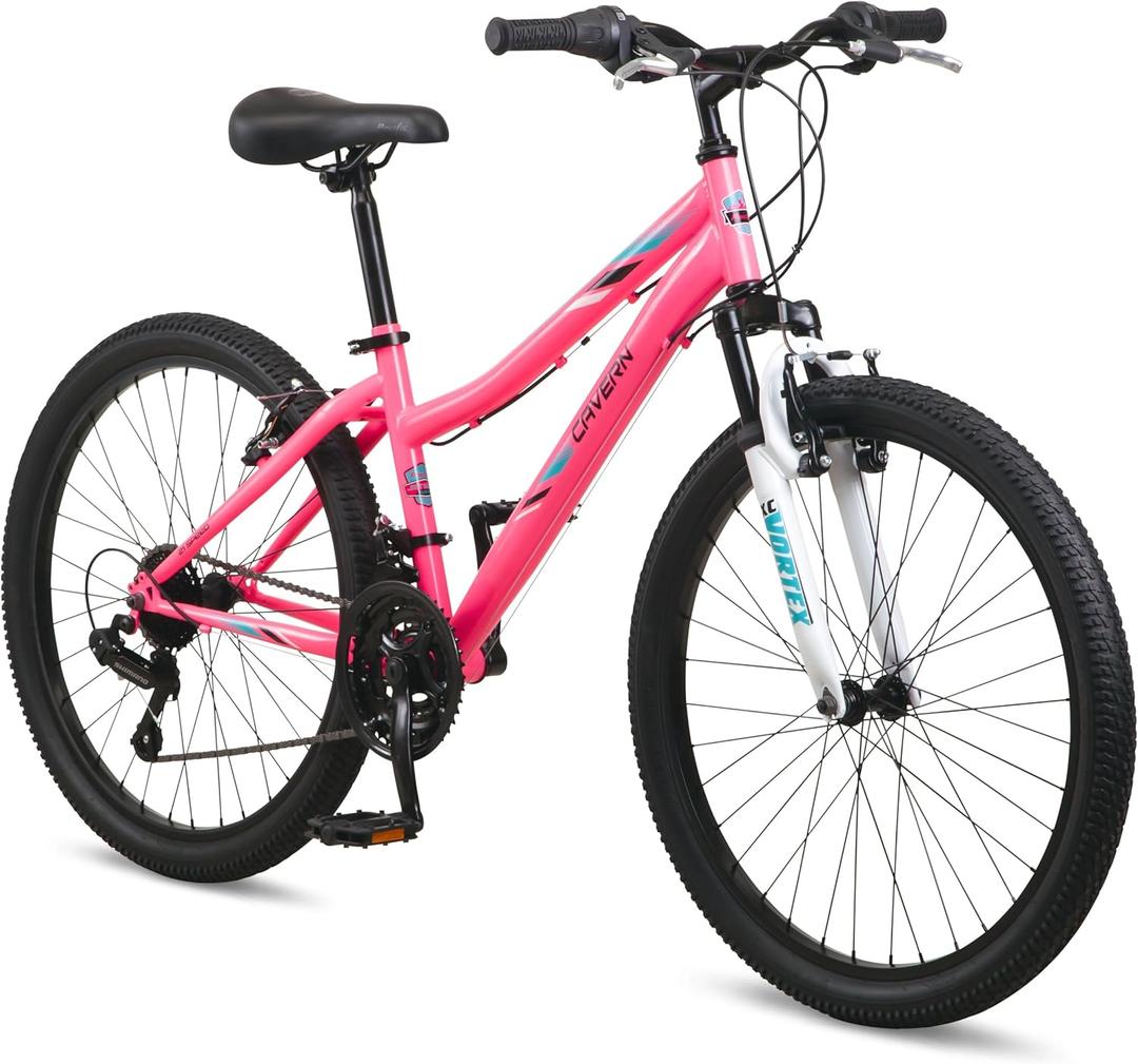 Cavern Mountain Bike for Youth or Adult Boys Girls, 7 or 21-Speed Twist Shifter Options, 20/24/26-Inch Wheels, 11 to 17.5-Inch Steel Frame, Front Suspension, Kickstand Included (Pink)
