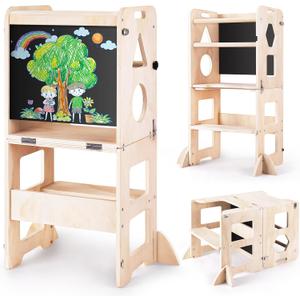 4-in-1 Toddler Kitchen Step Stool, Foldable Learning Standing Tower with Blackboard, Wooden Kitchen Stool Helper for Kids, 1-3 Year Old Boy Girl Gifts (4-in-1 Tower)