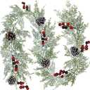 Winlyn Artificial Snowy Christmas Cedar Garland with Pine Cones and Red Berries Lush Christmas Greenery Garland 6' Long Christmas Wedding Winter Holiday Table Runner Centerpiece Seasonal Decoration