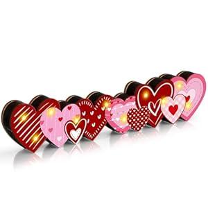 Yousoontic Valentines Day Heart Decor Table Centerpieces Valentines Wooden Heart Sign Decorations with LED Lights 3D Block Pink Red Love Romantic Decor for Home Mantel Desk Office Party Decorations