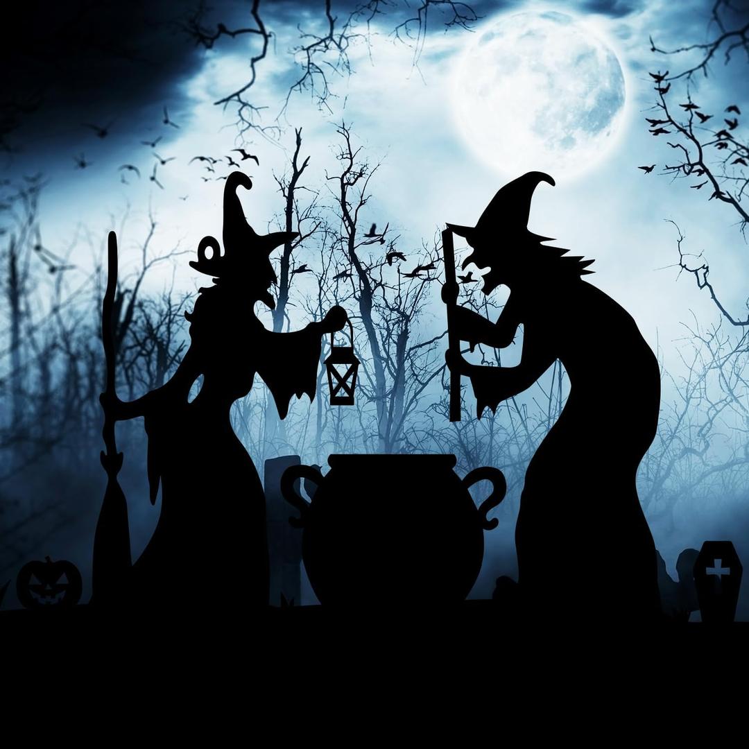 Large Halloween Witch Silhouette Decor Outdoor, Witch, Black Cat and Cauldron Yard Decorations, Scary Halloween Decor for Home, Party, Gift, Waterproof and Durable (Easy Setup with Stakes)