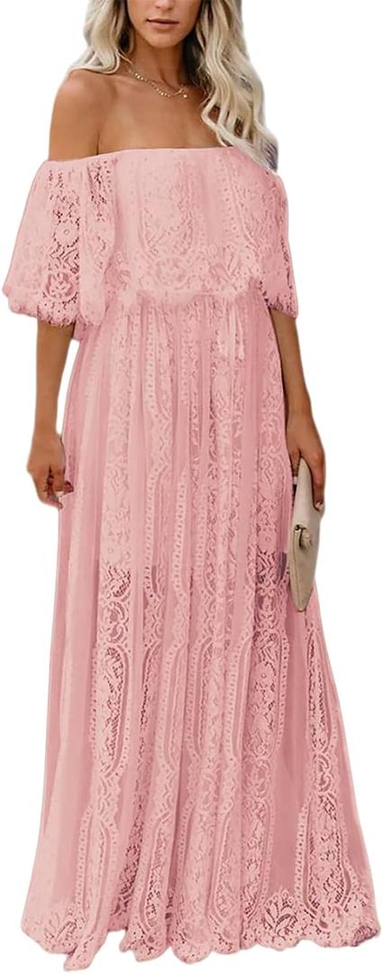 HOYISHION Women's Off The Shoulder Floral Lace Maxi Dress White Bridesmaid Wedding Party Maternity Photoshoot Long Dresses (Pink, M)