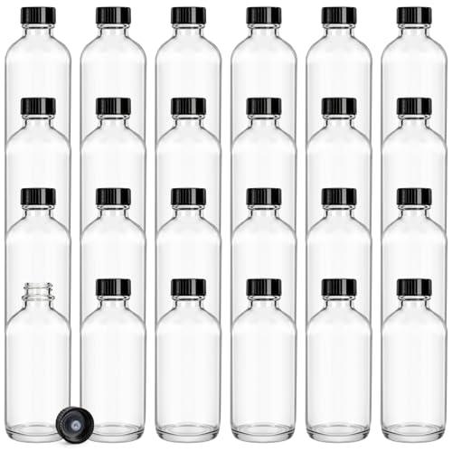 Bekith 24 Pack Clear Boston Round with Black Poly Cone Cap, 4 oz Clear Glass Bottles Sample Bottles for Juice, Ginger Shots, Oils, Whiskey, Liquids One Missing