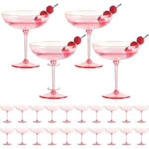 24 PCS Plastic Coupe Glasses 9 oz Pink Detachable Gold Rim Martini Glass Espresso Champagne Cocktail Cups Disposable Vintage Margarita Glassware for Birthday Baby Shower Wedding Bachelorette Party
