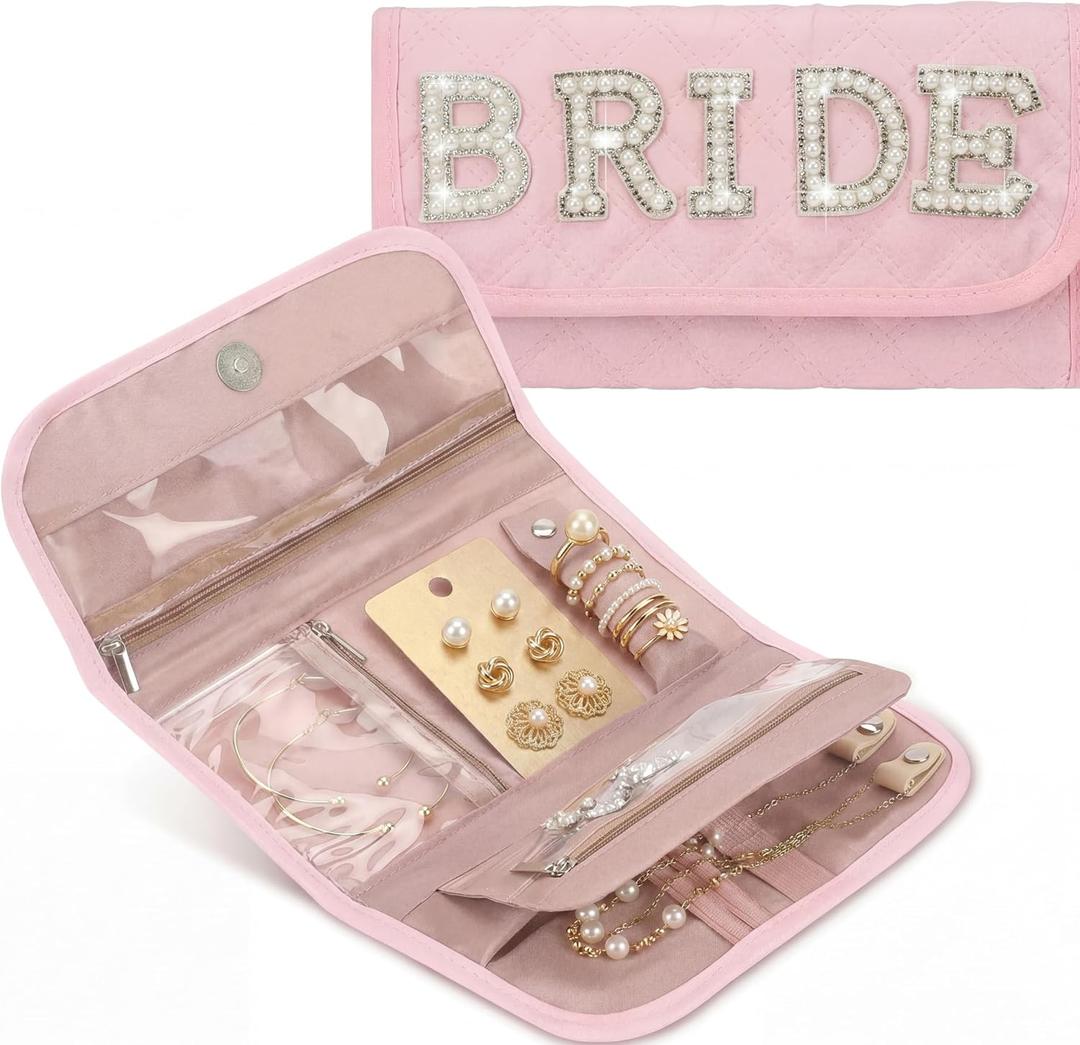 Hsei Bride Bag Travel Jewelry Organizer Case Foldable Small Jewelry Pouch Bags Mini Soft Pink Roll Bridal Shower Gifts for Journey Rings Necklaces Earrings Bracelets
