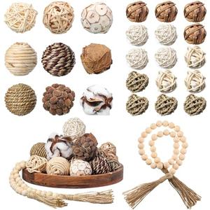 Halloscume 25 Pcs 3.15 and 1.97 Inch Decorative Balls, 20.9 Inch Garland Wood Beads Rattan Wicker Balls with Spheres Orbs Filler for Garden Table Vase Bowl Filler Centerpiece(Wood,Wicker Rattan)