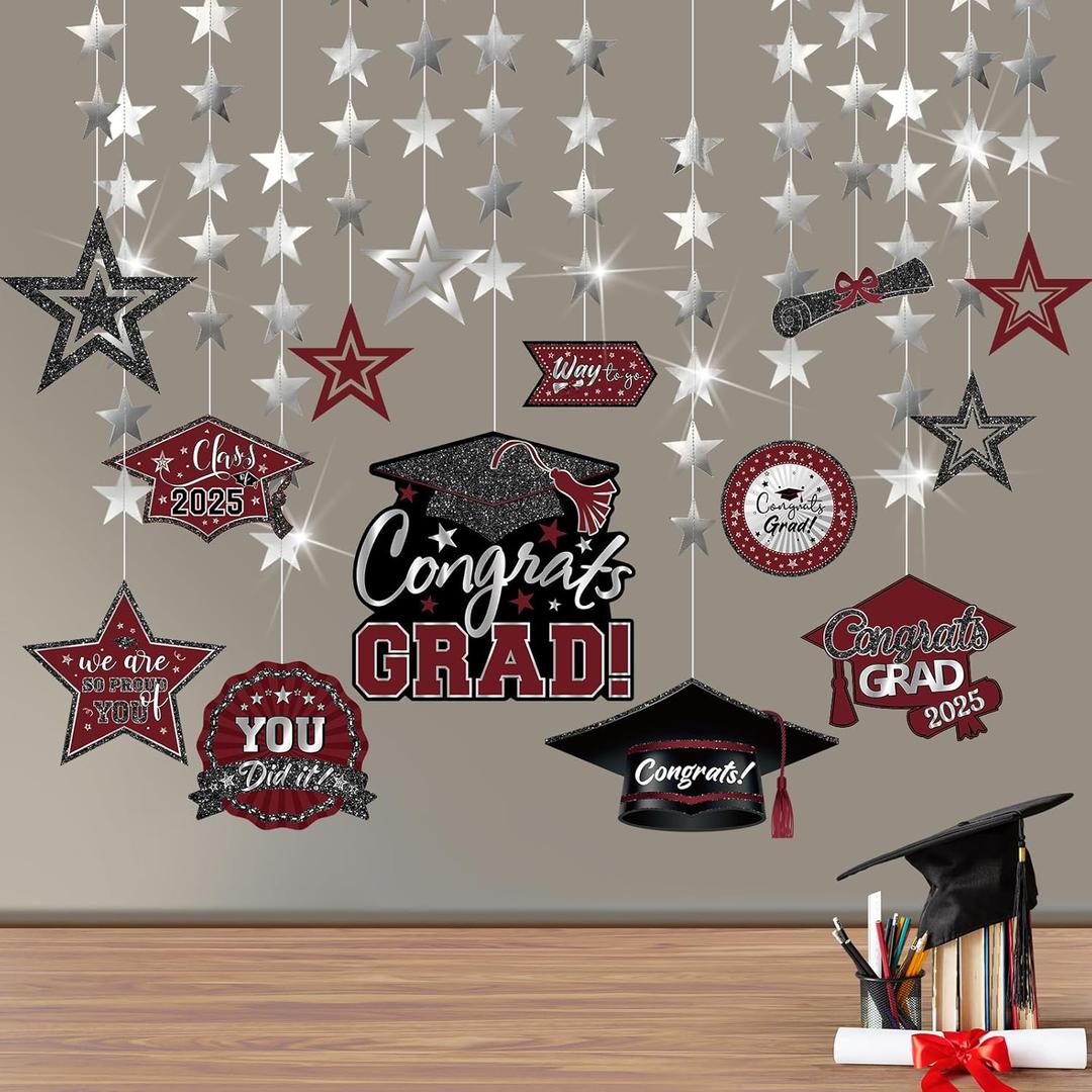 Yisong 14 Pcs Graduation Garland Class of 2025 Graduation Decoration Diploma Hat Star Congrats Garland Banner Congrats Grad Streamers Backdrop for Graduation Party Supplies College Grad Decor(Maroon)