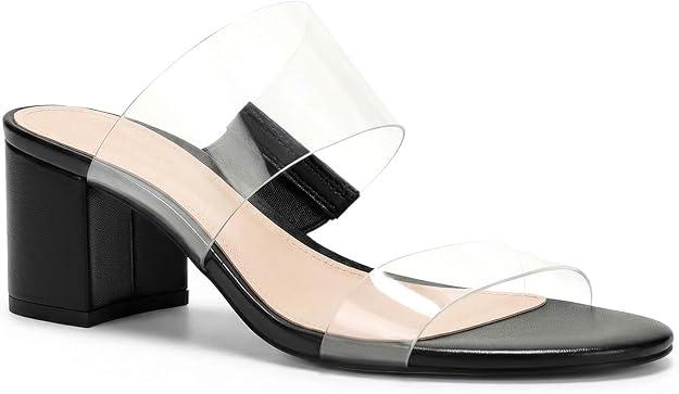 Coutgo Women's Clear Heeled Sandals Transparent Two Strap Chunky Block Heels Mules Open Toe Slip On Dress Shoes, 8