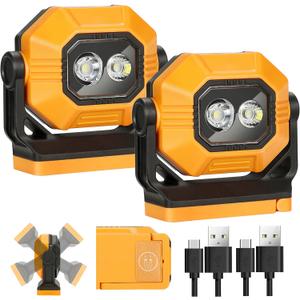 LED Rechargeable Work Light, 2Pack 1500LM Portable COB Magnetic Lights with 3 Modes & 360Rotatable, IPX4 Waterproof Worklight for Car Repairing, Job Site Lighting, Emergency (2 PCS)