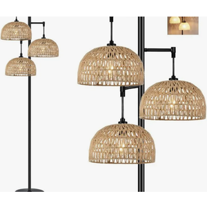 QIYIZM Floor Lamp for Living Room,Bedroom,3-Lights Boho Rattan Floor Lamps,Tree Farmhouse Industrial Black Standing Lamp Wicker Rustic Tall Lamp,Woven Bamboo LampShade Floor Light Bohemian