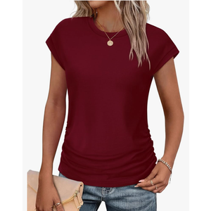 SAMPEEL Womens Summer Tops Trendy 2025 Ruched Cap Short Sleeve Tshirts Shirts Crew Neck T Shirts Fashion, M