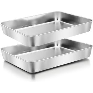 Herogo Rectangle Cake Pan Set of 2, 12 x 9 x 2 Inch Stainless Steel Baking Pan for Oven, Lasagna Brownies Casseroles Cakes Bakeware, Dishwasher Safe (Silver)