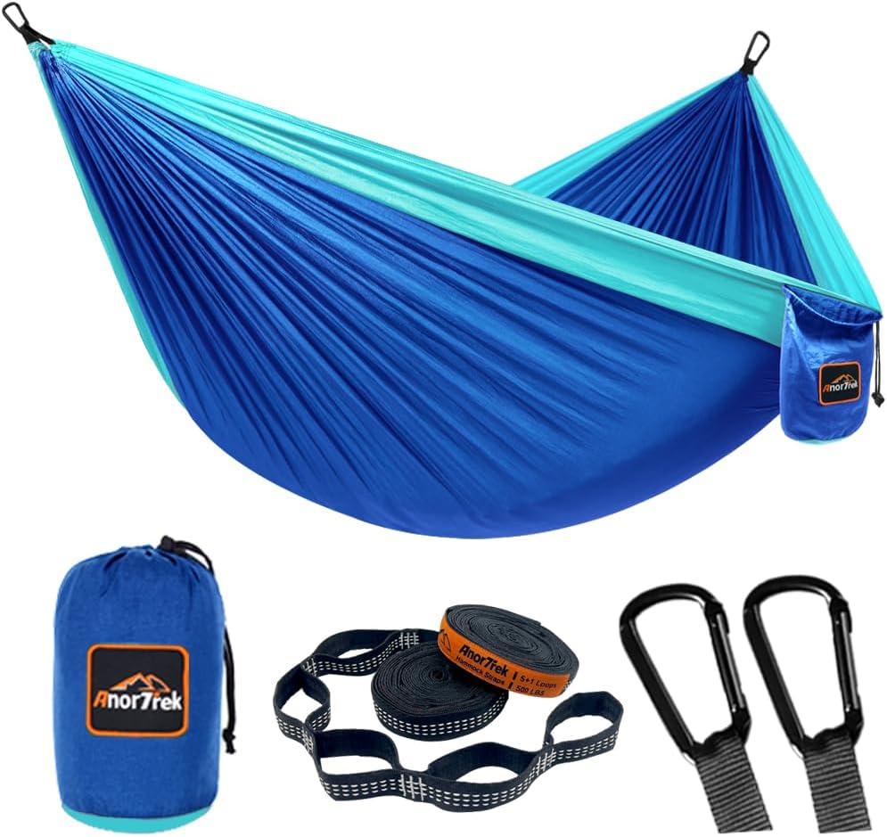 AnorTrek Camping Hammock, Super Lightweight Portable Parachute Hammock with Two Tree Straps Single or Double Nylon Travel Tree Hammocks for Camping Backpacking Hiking (Blue,Sky Blue) Double 118''L x 78''W