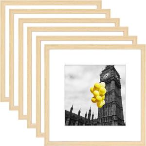 12x12 Picture Frame Set of 6, Display Pictures 8x8 with Mat or 12x12 Without Mat, Tabletop Display and Wall Hanging Photo Frame, Gallery Wall Frame Set, Natural Wood Color