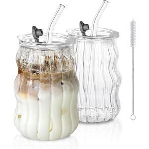 Ribbed Glass Cups with Lids and Straws  Unique Glasses for Iced Coffee, 18oz Vintage Design, Ideal Wavy Coffee Cups with Straws, Bubble Glass Aesthetic, Clear Ribbed Glasses