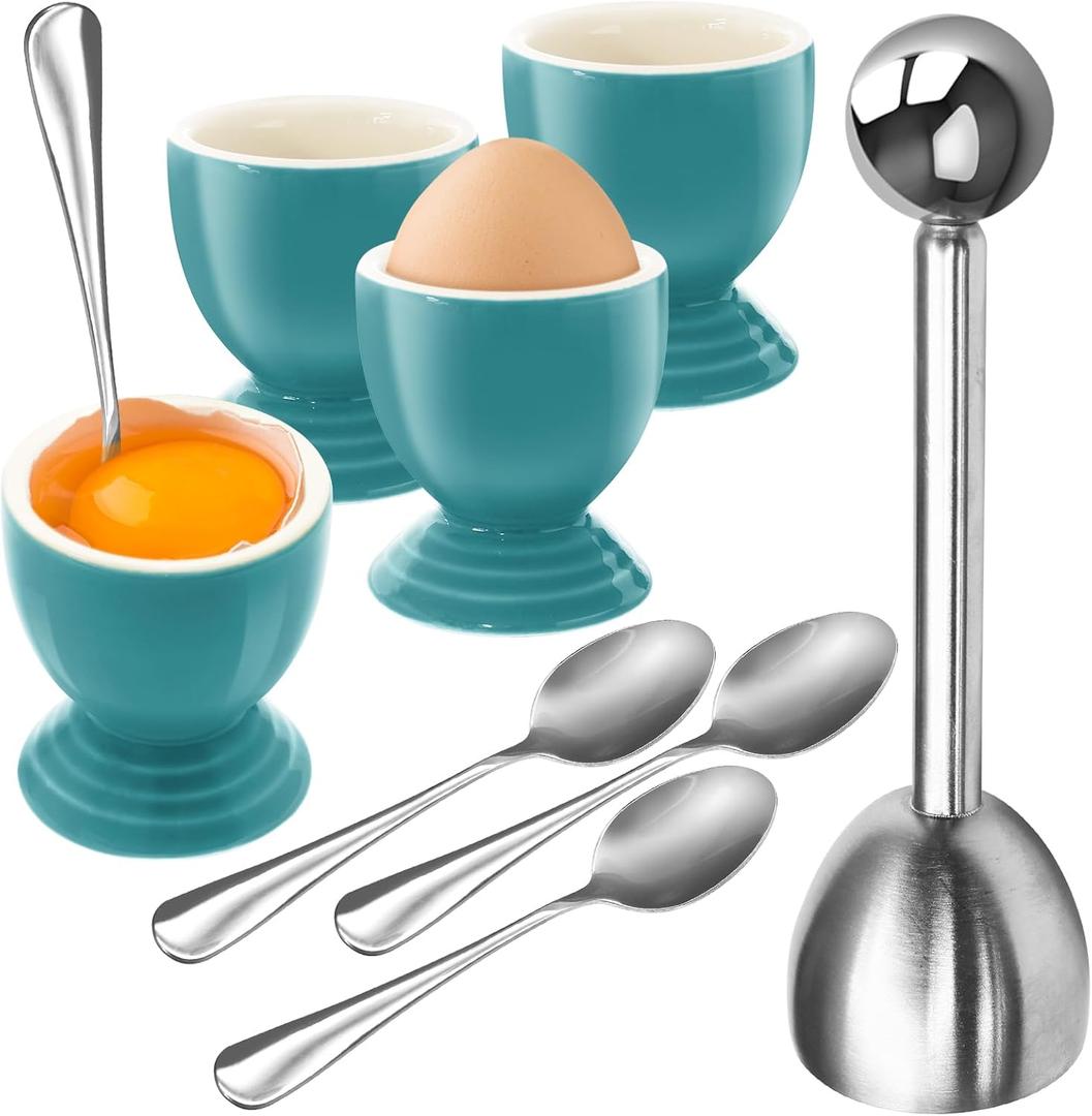vibedor Colorful Soft Boiled Eggs Cups Set, 4 Ceramic Egg Stands and 1 Stainless Steel Egg Cutter, 4 Perfect Egg Spoons for Kitchen and Breakfast Host(Caribbean)