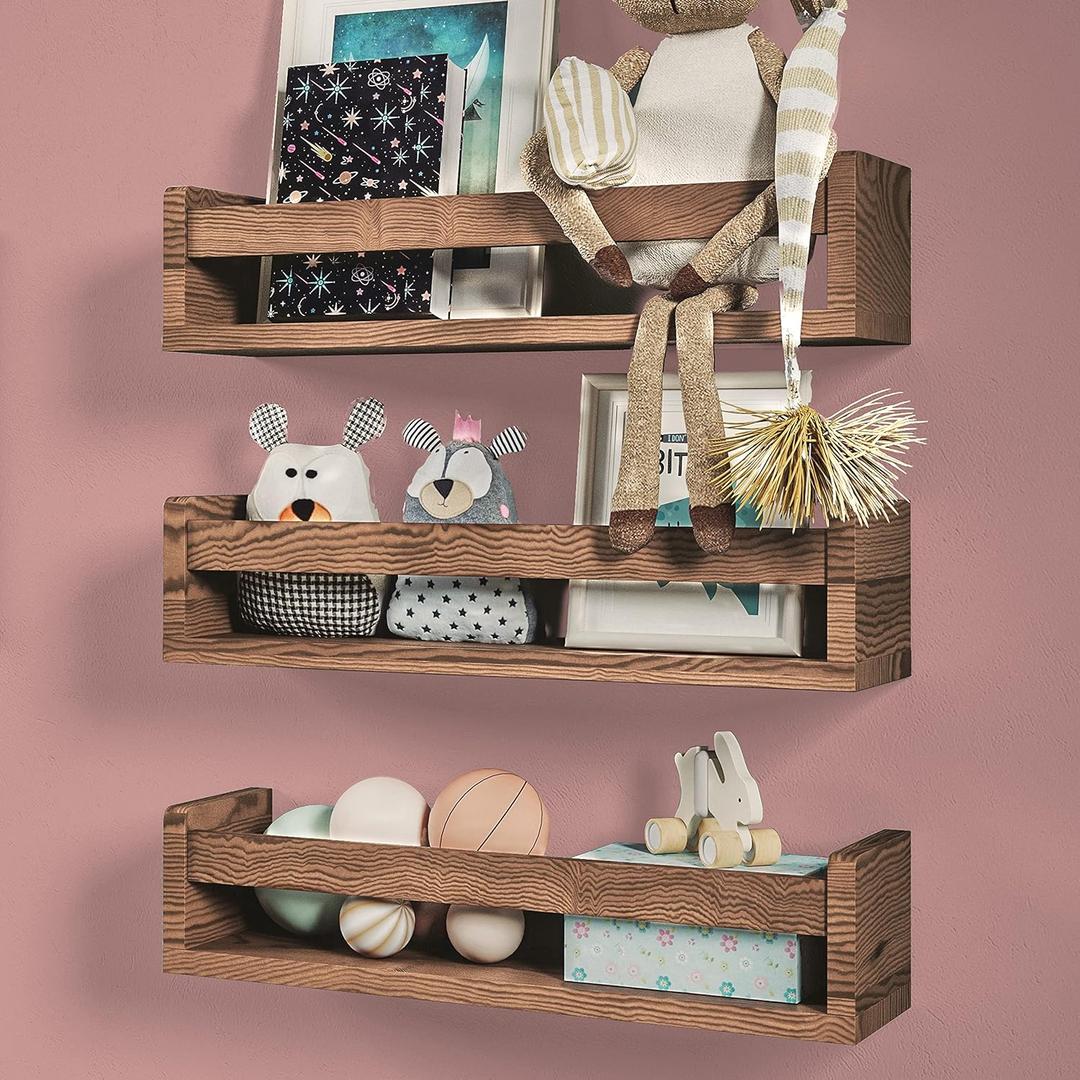 NATURE SUPPLIES Set of 3, 16.4". Nursery Book Shelves, Solid Wood for Books, Toys, Decor, Wall Bookshelf for Kids Bedroom, Floating Shelf, Stylish and Functional Storage Solution, Brown