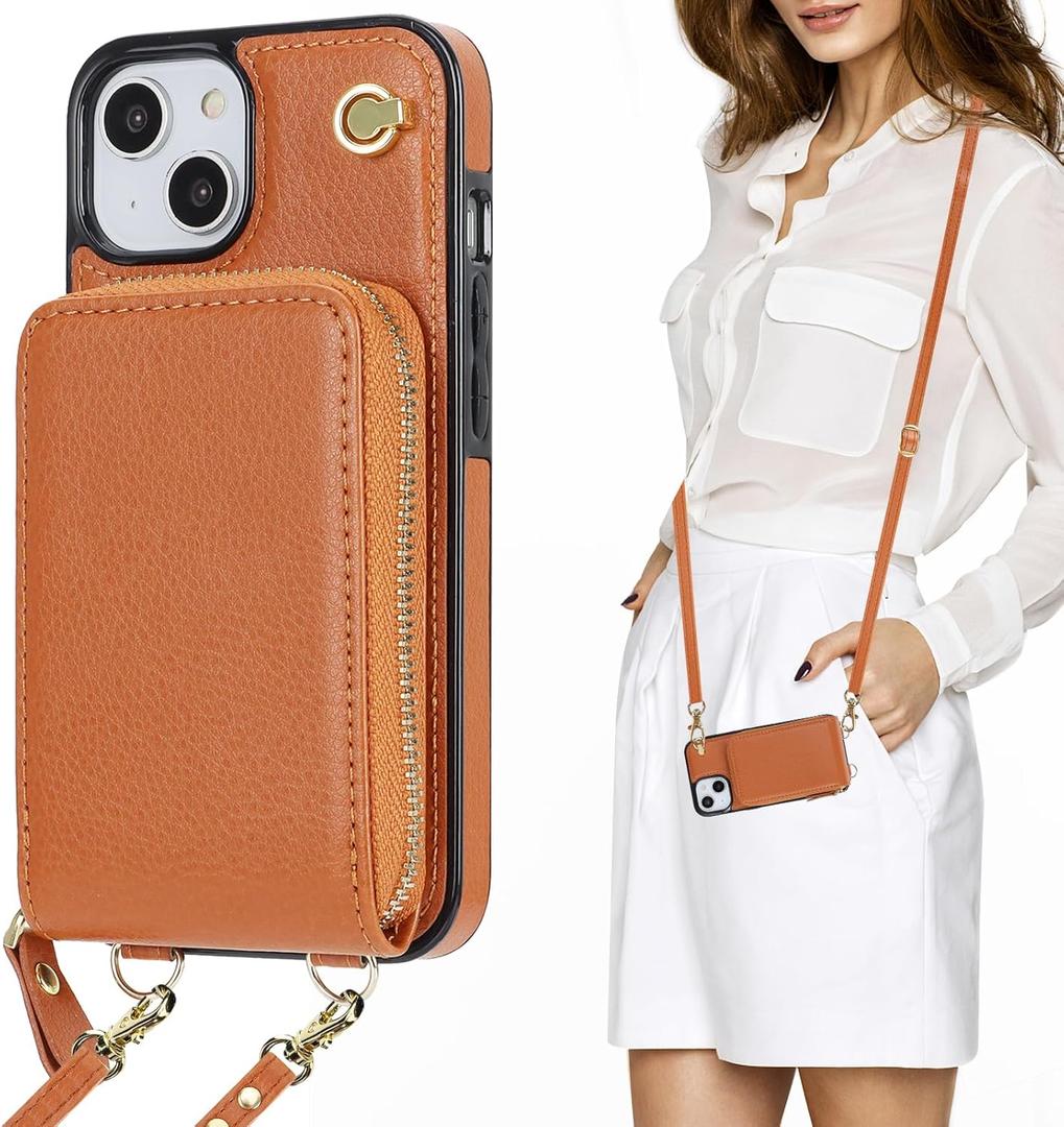 KIHUWEY Crossbody Wallet Case for iPhone 13 iPhone 14, Zipper Pocket Case with Card Holder, PU Leather RFID Blocking Protective Cover Case with Kickstand Detachable Wrist Strap Lanyard 6.1" (Brown)