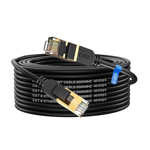 Cat 8 Ethernet Cable, 50FT High Speed Heavy Duty 26AWG Cat8 LAN Network Cable 40Gbps, 2000Mhz with Gold Plated RJ45 Connector, Outdoor&Indoor Internet Cable Compatible for Router Gaming Modem Xbox