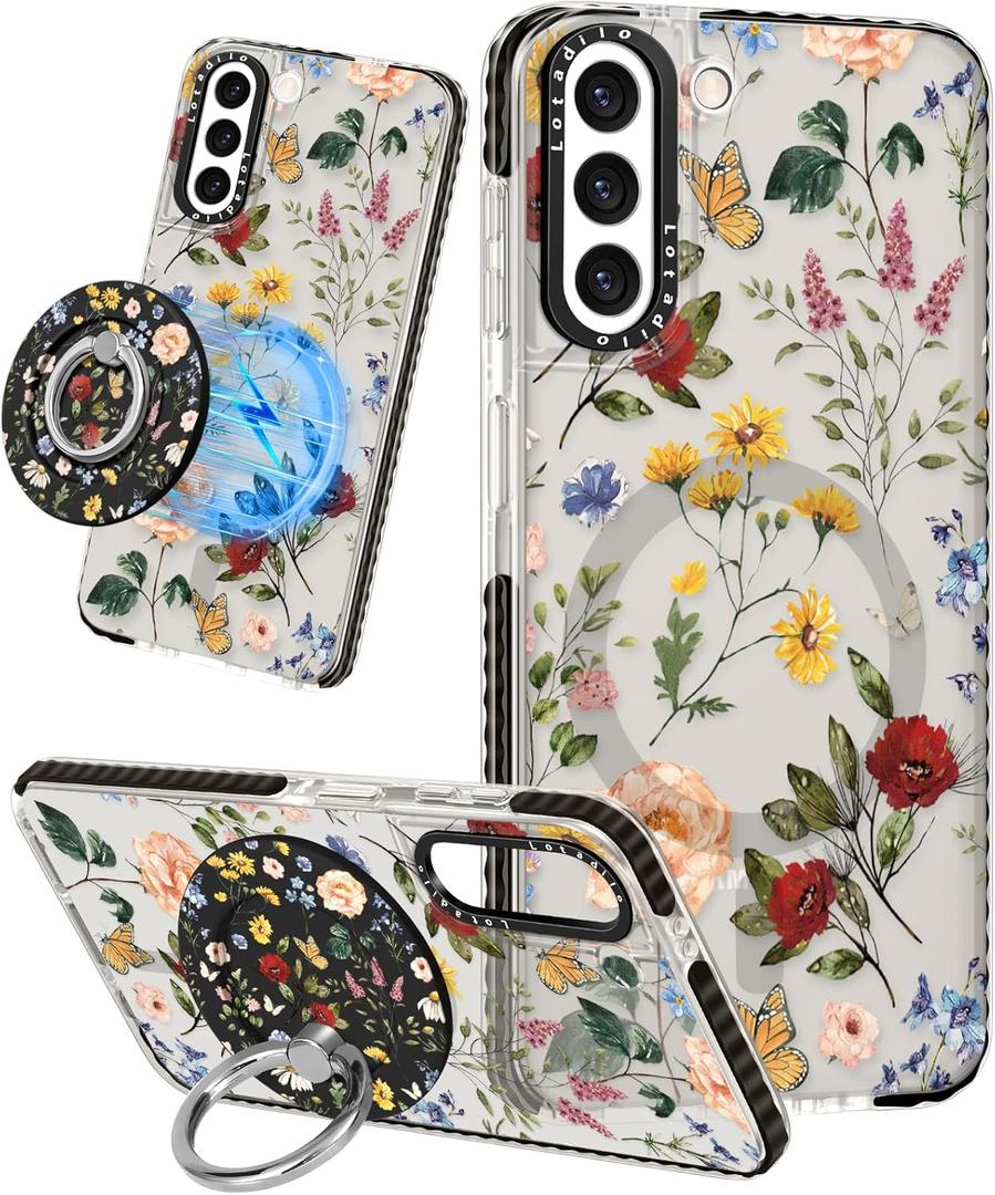 Lotadilo Cute Case for Samsung Galaxy S21 Plus for Women Girls - Funny Design Compatible with Magsafe Magnetic Ring Holder Kickstand Art Retro Flower Fashion Pattern TPU Phone Covers