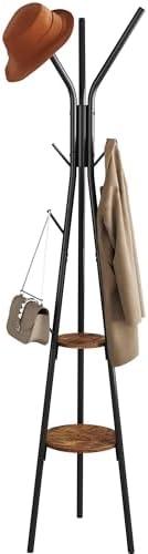 HOMEFORT Coat Rack, Coat Hanger Stand with 2 Shelves, Freestanding Hall Tree, Metal Hat Hanger with 12 Hooks for Clothes Hats and Scarves, Black and Rustic Brown,15.7" Wx15.7 Dx72.8H