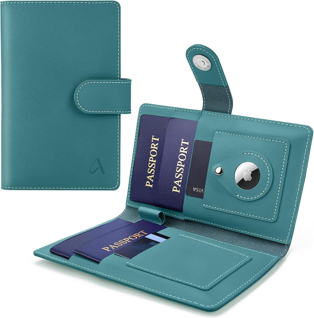 ALLIVE Family Passport Holder for Women & Men, RFID Blocking Passport Wallet with AirTag Slot, Genuine Leather Passport Cover Family Travel Gift & Airport Essentials (Lake Blue)