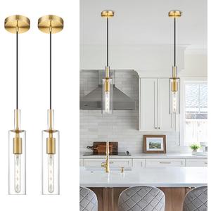 AUTELO 2 Pack Pendant Light Fixtures, Brushed Gold Pendant Lights Kitchen Island, Vintage Cylinder Glass Pendant Lights, Hanging Light for Kitchen Island, Dining Room, H3875 BGNR-2PK (Small - 2 Pack)