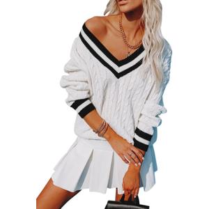 Womens V Neck Oversized Sweaters Long Sleeve Cable Knit Pullover Striped Chunky Sweater Casual Tennis Tunic Tops (Small)