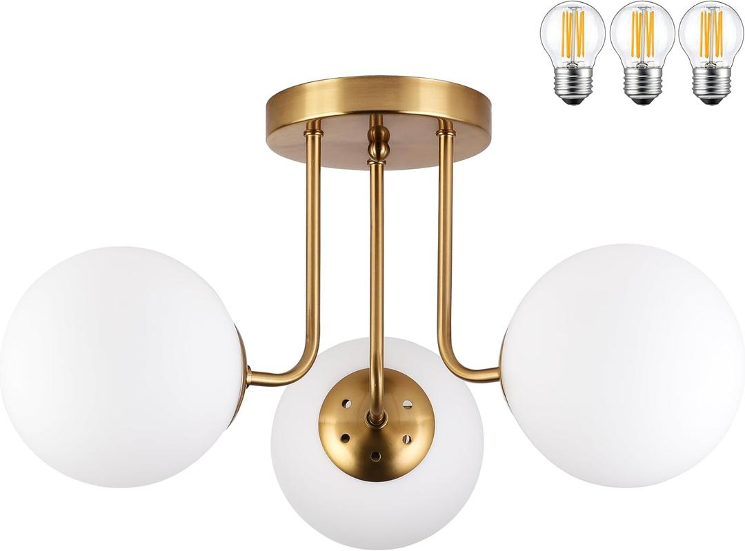 KoKo&Yukina 3-Light Semi Flush Mount Ceiling Light Globe Ceiling Light Mid Century Ceiling Light with Opal Milk Glass Globe & Brushed Brass for Bedroom Hallway Entryway Kitchen Living Room-Bulb Incl