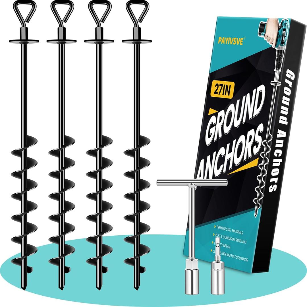 Ground Anchors Screw in, Heavy Duty Ground Trampoline Stakes High Wind Tent Stakes for Tent, Trampoline, Gazebo, Carport, Trap Anchor, Canopies, Swing Set (4x27", Black)