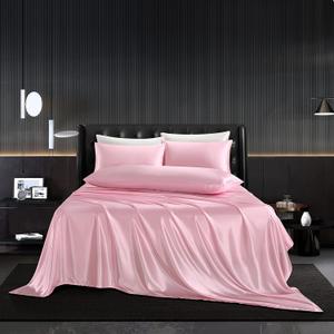 5Pcs Pink Silk Sheets Full Size Satin Sheets Set Silky Breathable Luxury Bedding Sheets Set with 1 Satin Flat Sheet,1Deep Pocket Fitted Sheet,3 Pillowcases