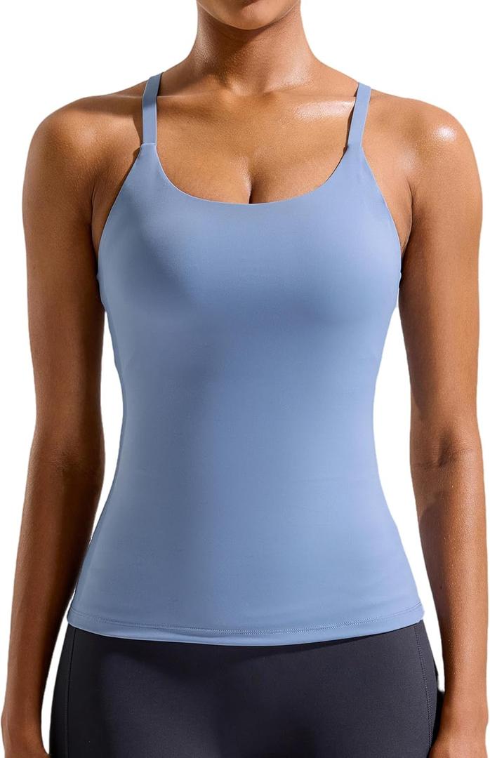 RUNNING GIRL Yoga Tank Tops for Women Built in Shelf Bra B/C Cups Strappy Back Activewear Workout Compression Tops (Blue, M)