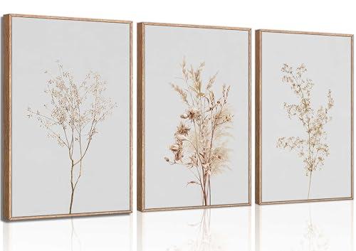 EFGETTPD 3Pcs Wildflower Floral Wall Art Beige Botanical Canvas Paintings Nature Wilderness Wall Decor Prints Minimalist Boho Farmhouse Posters Pictures for Living Room Bedroom Office Unframed (Frames Are Not Included)