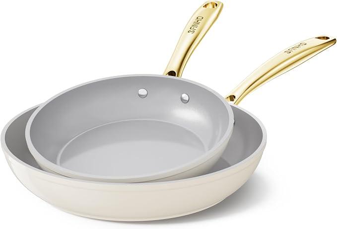 Sanho Ceramic NonStick Frying Pan, 8 & 10 Inch Frying Pans Skillet, Non Stick Egg Pans with Cool Touch PVD Handle for Induction, Dishwasher & Oven Safe, PTFE & PFOA Free, Non Toxic for Healthy Cooking