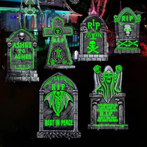 Glowing in The Dark Halloween Tombstones Decoration, 6Pcs 16.5"x10" Spooky Graveyard Outdoor Decor for Yard, Home, Parties, Waterproof Plastic Grave Markers