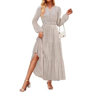 ZESICA Fall Dresses for Women 2026 Long Sleeve Boho Floral V Neck Empire Waist A Line Casual Flowy Wedding Guest Maxi Dress Size L
