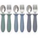 6 Pieces Toddler Utensils, Kids Safe Spoons and Forks, Children Silverware Set with Silicone Handle, 18/8 Stainless Steel, Food-grade SiliconeBPA Free - Dishwasher Safe (Gray/Green/Blue)