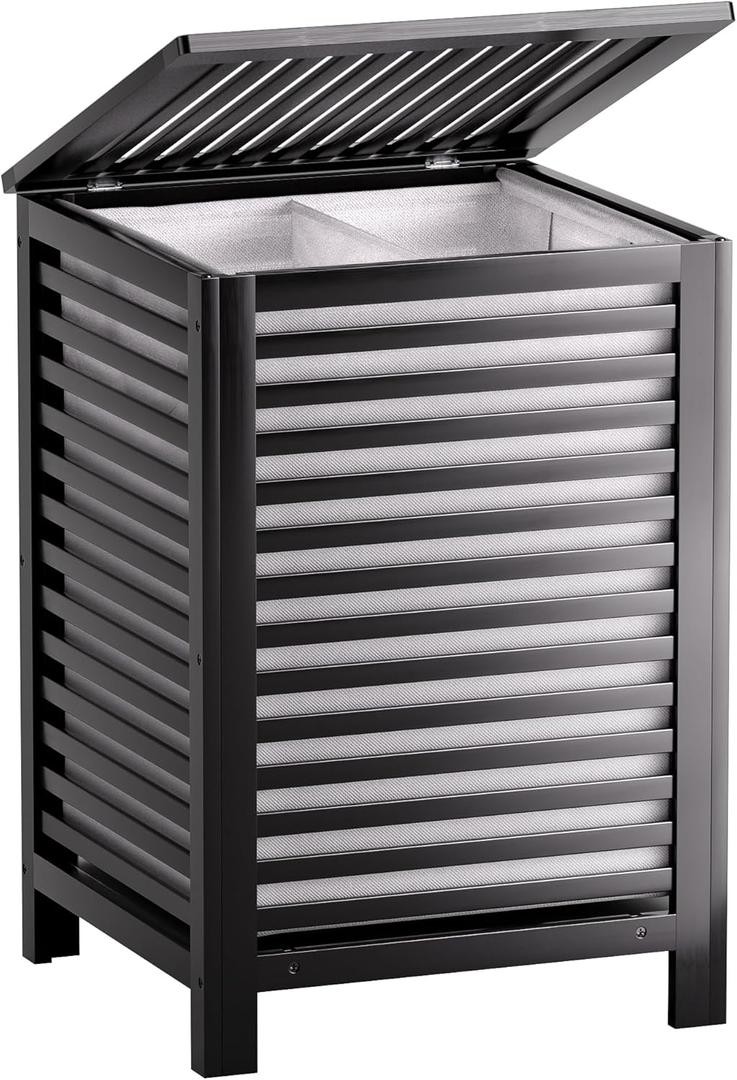 SMIBUY Double Laundry Hamper with Lid, 120L Bamboo Laundry Basket with Removable Liner Bag, 2-Section Clothes Divider Laundry Sorter for Laundry Room, Bathroom, Bedroom (Black)