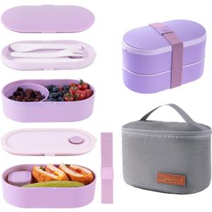 Bento Lunch Box Set -2 Stackable Adult And Women's Lunch Boxes - Including Lunch Bag, Leak Proof And Bisphenol Free A - Built-In Cutlery Set - Dishwasher Safe (Purple)