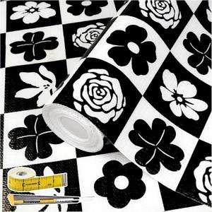 2 x Shelf Liners Non Adhesive Black & White Checkerboard Floral - Thickened Non-Slip Easy to Clean Drawer Liner for Kitchen Cabinets, Tool Box, Refrigerator, with Knife & Tape Measure, 12in x 118.1in