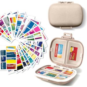 iouwei Pill Organizer with Medicine Labels Travel Daily Pill Container Mini Medication Organizer Storage Pill Organizer Travel Essentials Pill Case 7 Day Pill Organizer (Beige, 161 Lables)