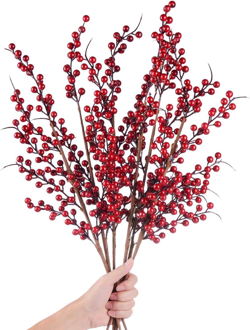 DearHouse 4 Pack Artificial Red Berry Stems Holly Christmas Berries for Festival Holiday Crafts and Home Decor, 26 Inches Burgundy Berry Floral Christmas Tree Decorations