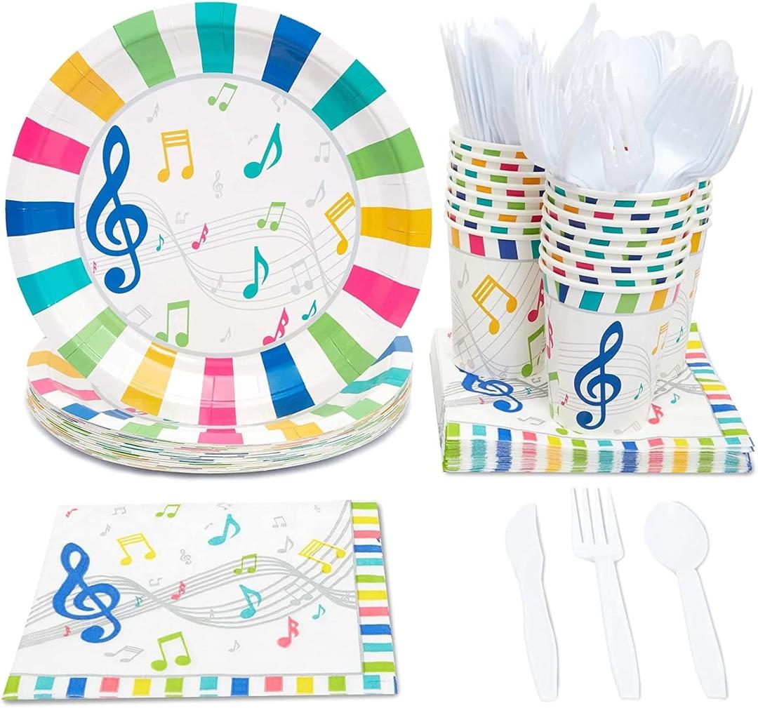Sustainable Greetings Juvale Music Party Supplies, Paper Plates, Napkins, Cups and Plastic Cutlery (Serves 24, 144 Pieces) - Music Themed Party Decorations