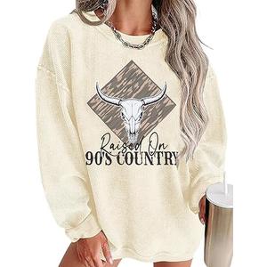 UNIQUEONE Boho Cow Skull Sweatshirt Women:Vintage Western Rodeo Graphic Tee Country Concert Outfits Pullover Tops, Apricot2, X-Large